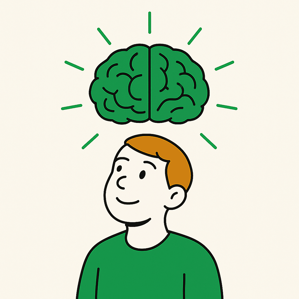 Illustration of a person with a large, glowing brain above their head