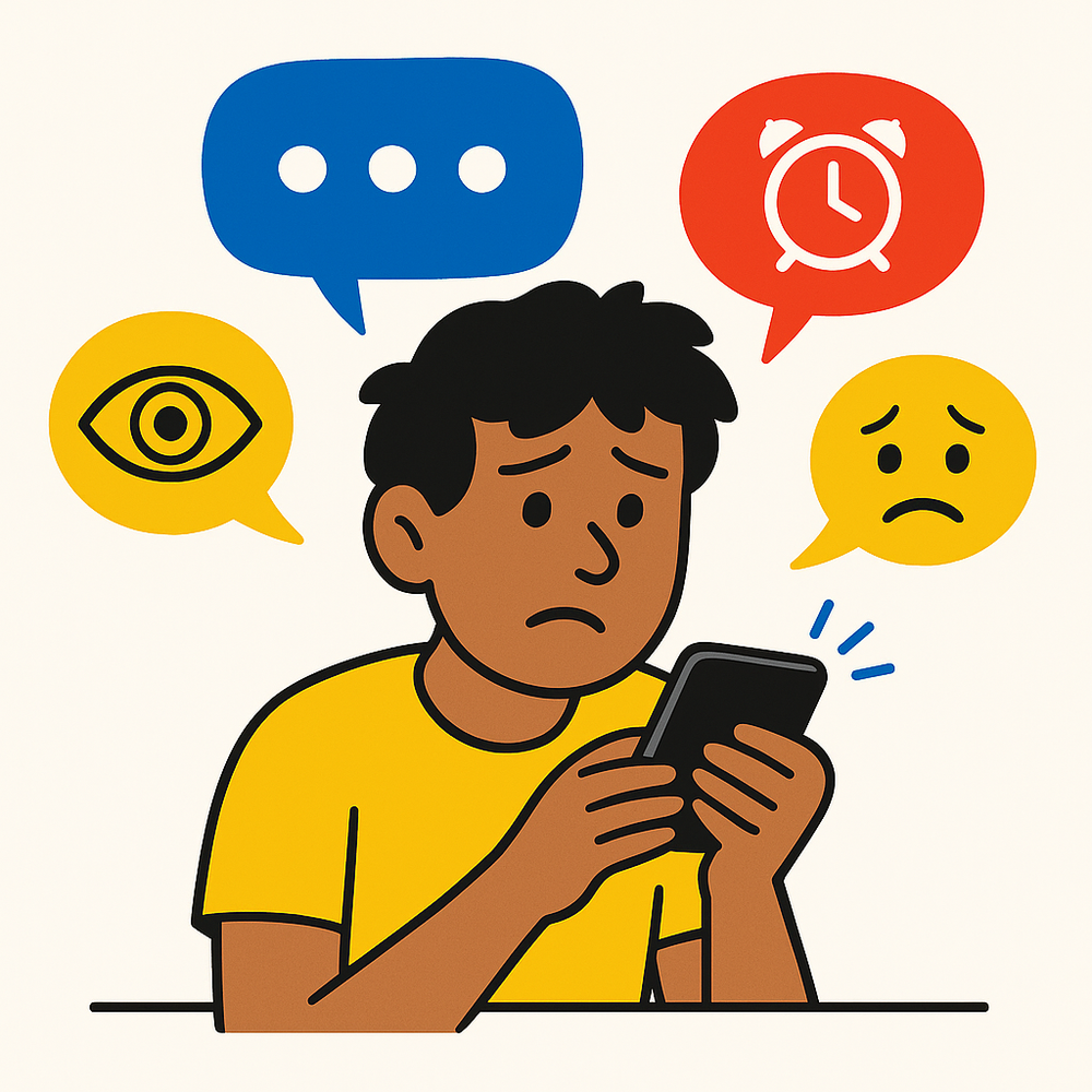 Illustration of a concerned person holding a smartphone with speech bubbles overhead