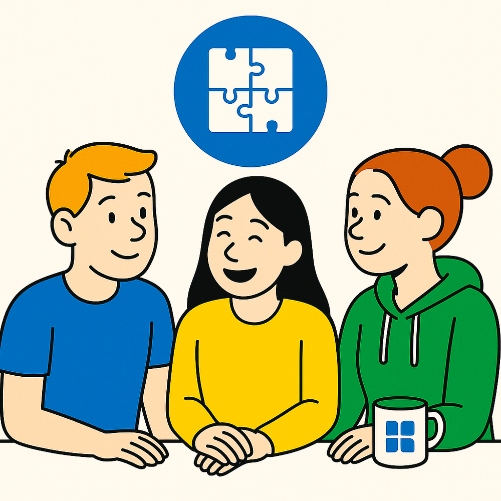 Illustration of three people sitting together with a puzzle piece icon above them