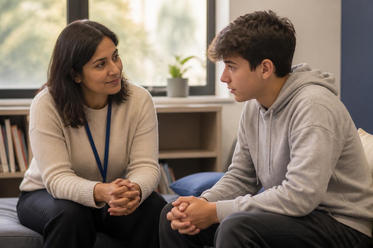A teacher listening attentively to a teenage student in a quiet classroom