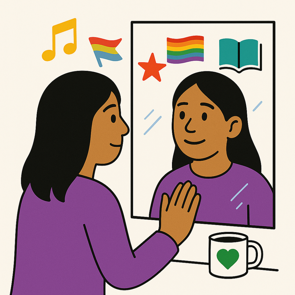 Illustration of a person looking at their reflection, surrounded by symbols of music, pride flags, a book and a heart