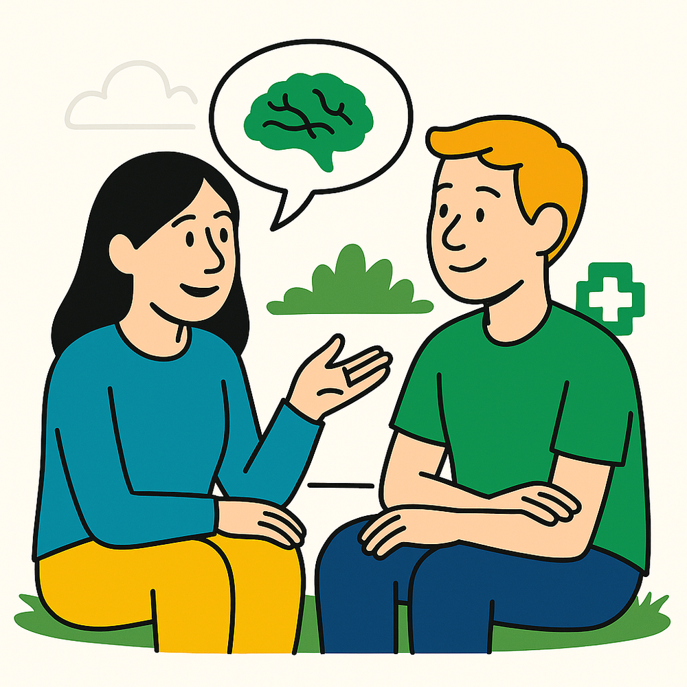 Illustration of two people talking about mental health, symbolised by a brain in a speech bubble