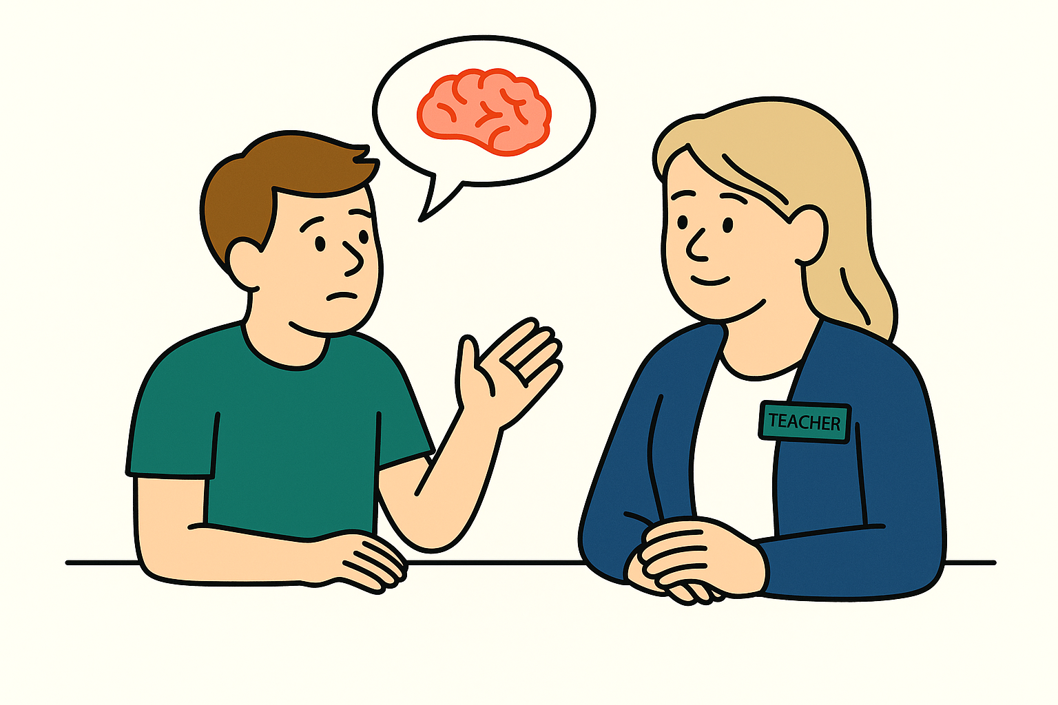 A young boy talking to a smiling teacher, with a speech bubble containing a brain.