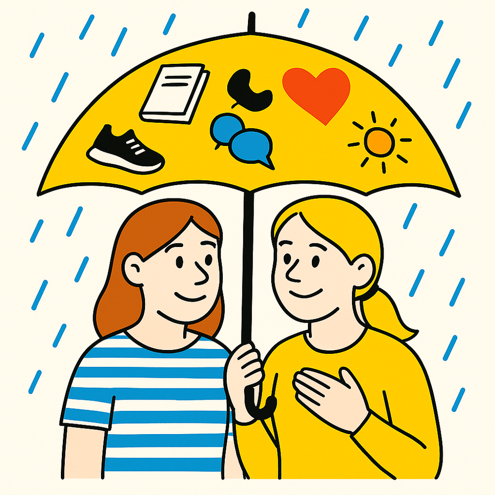Illustration of two people under a yellow umbrella surrounded by wellbeing symbols