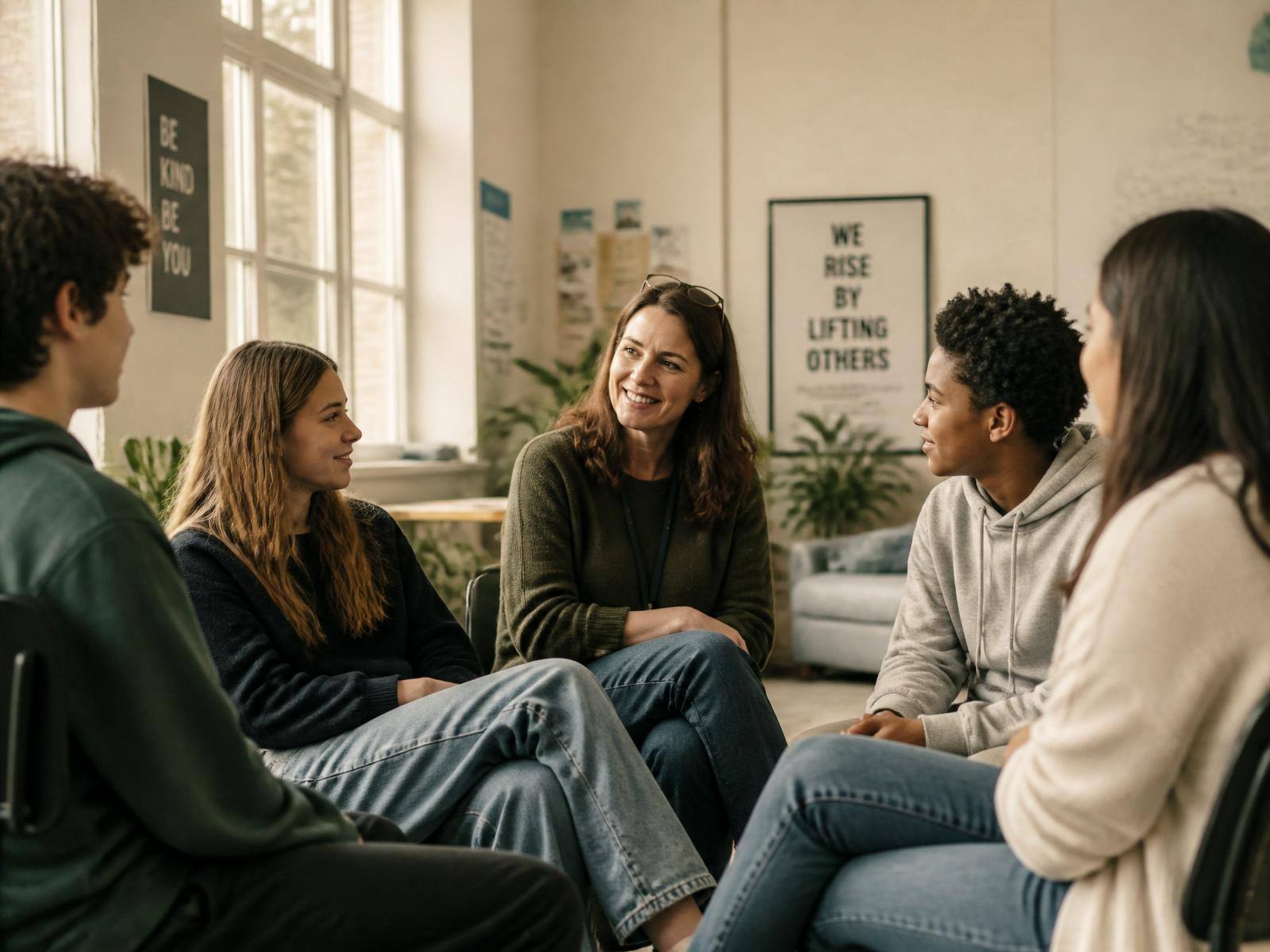 A teacher and a group of secondary students in an open conversation in a bright school room