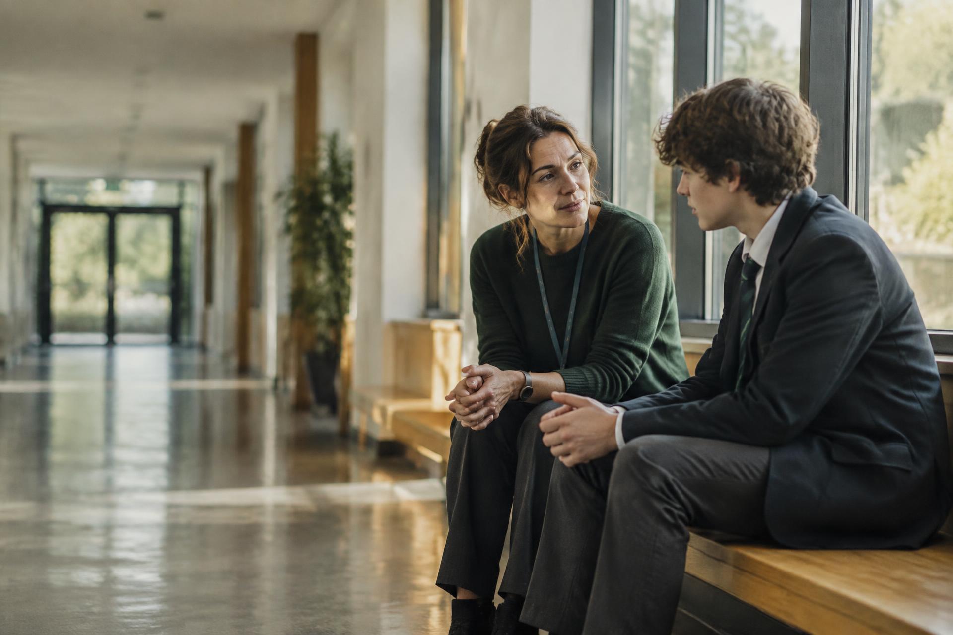 A teacher and a secondary student in a quiet one-to-one conversation on a bench in a bright school corridor