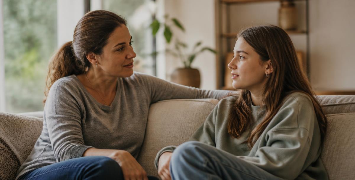 A parent and teenage child sitting together in a calm conversation at home